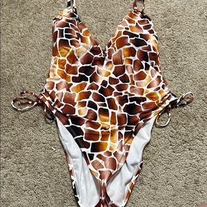 Mynah Animal Print Swimsuit  Plunge Front  Open Back XL NWT